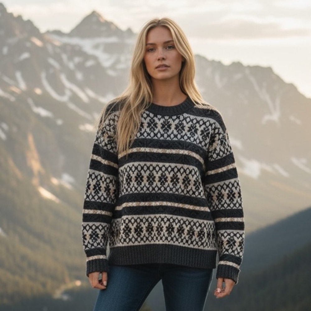 J.Crew 100% Lambswool Knit Fair Isle Chunky Thick Warm Nordic Boxy Sweater, XS